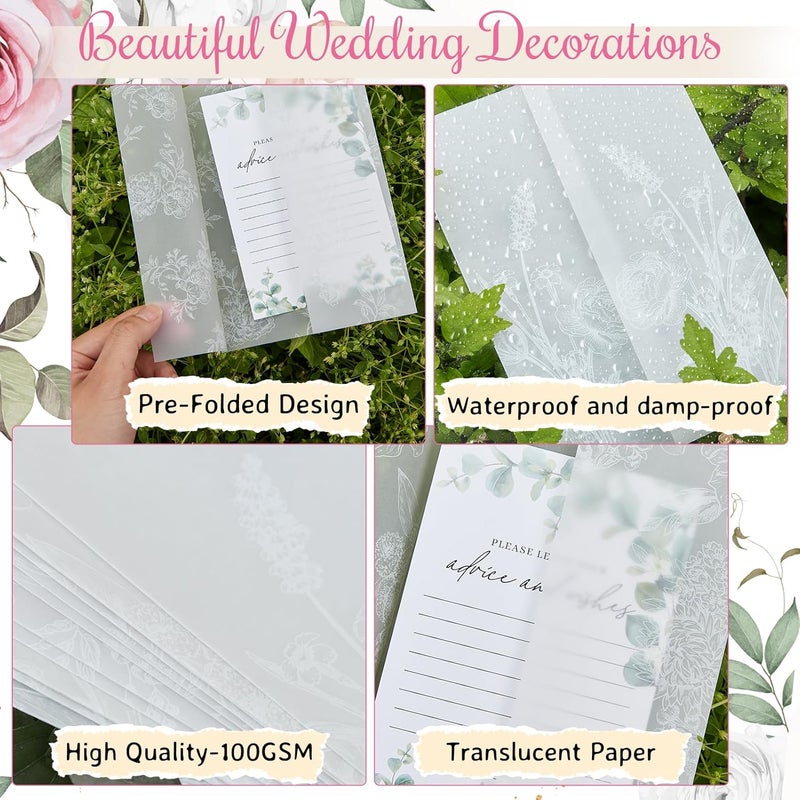 TINYAT 60 Sheets Pre-Folded Vellum Jackets for 5x7 Invitations,White Floral Vellum Paper 5x7 Jackets,Translucent Invitation Sleeve Wraps Floral Paper Envelope Liners for Wedding Baby Shower Invitations Cards - Image 3